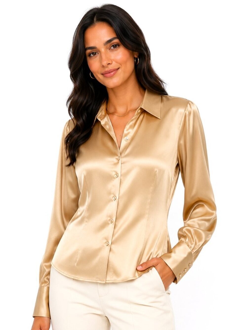 Talbots Petites Golden Yellow Silk Charmeuse Long Sleeve Blouse
